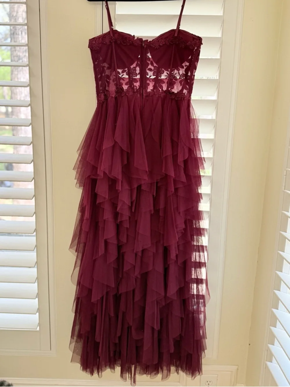 Windsor Dresses | Windsor Burgundy Tiered Tulle Lace Bodice Spaghetti Strap Formal Dress Sz 13/14 | Color: Red | Size: 13/14 | Pm-98852361's Closet